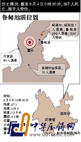 8月3日，救援人員在云南魯?shù)榭h地震現(xiàn)場救援。該地發(fā)生6.5級地震，為14年來最大震級。新華社發(fā)